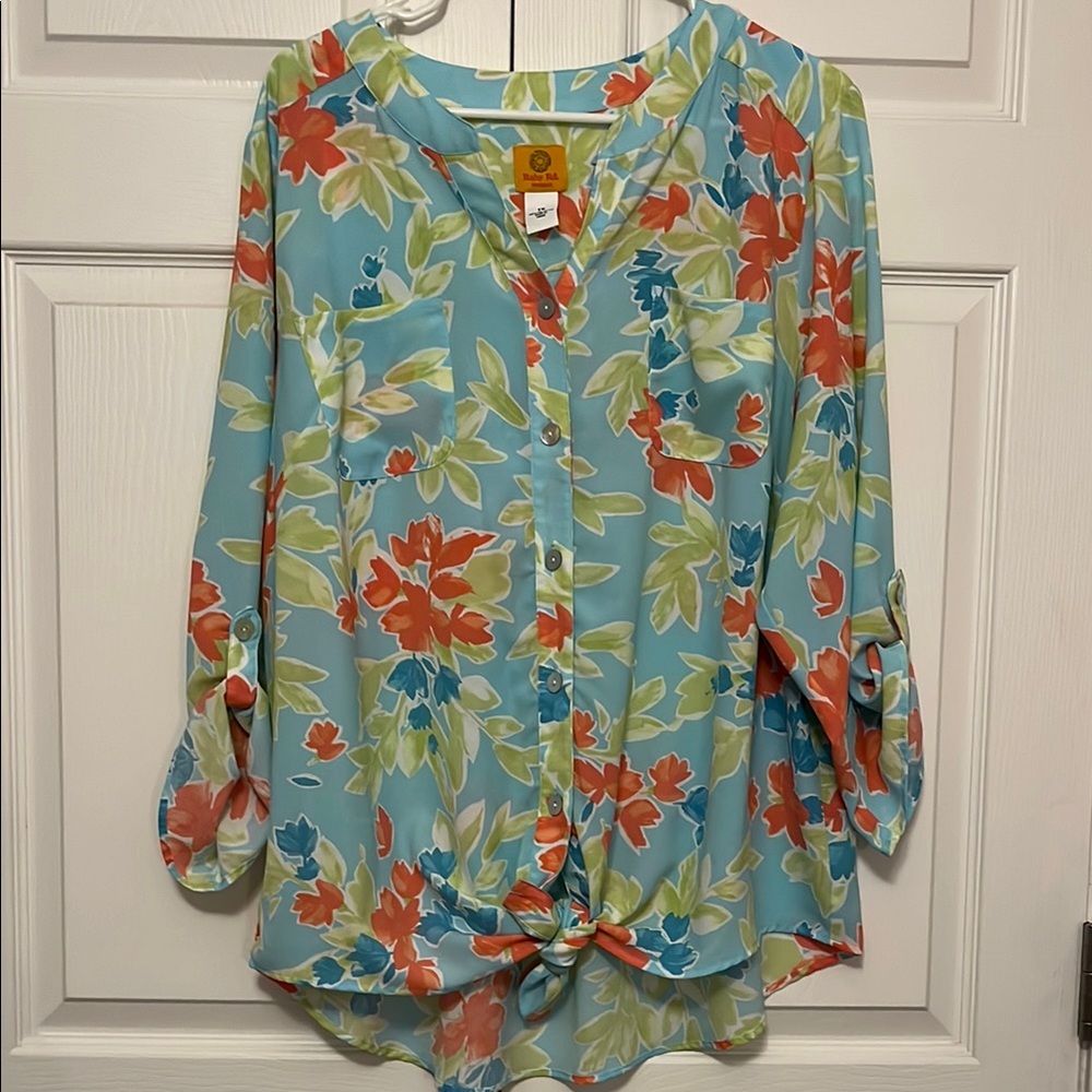Ruby Rd Blue Floral Button Down Shirt Tie Front Mandarin V Neck 3/4 Sleeves 1X